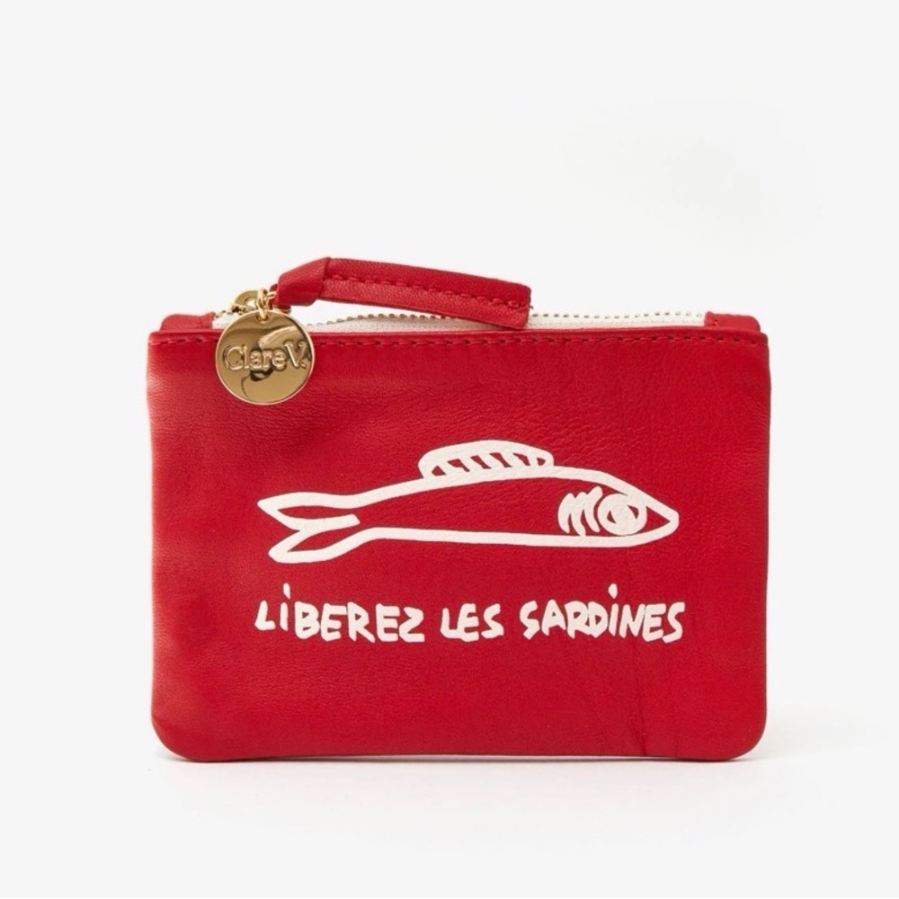SOLD OUT Clare V Red 'Liberez Les Sardines' coin clutch NWT - Picture 2 of 9